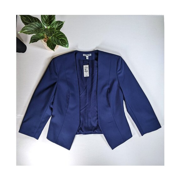 EXPRESS Cropped 3/4 Sleeve No Button Stretch Blazer Jacket Sz 4 Navy Blue NWT - Picture 4 of 8